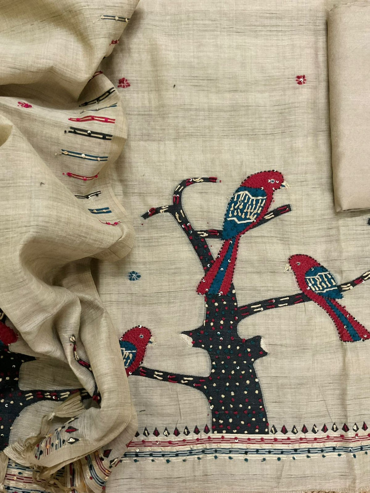 Image of Soft Slub Chanderi Jamdani Weaved Embroidered Suit - Beige