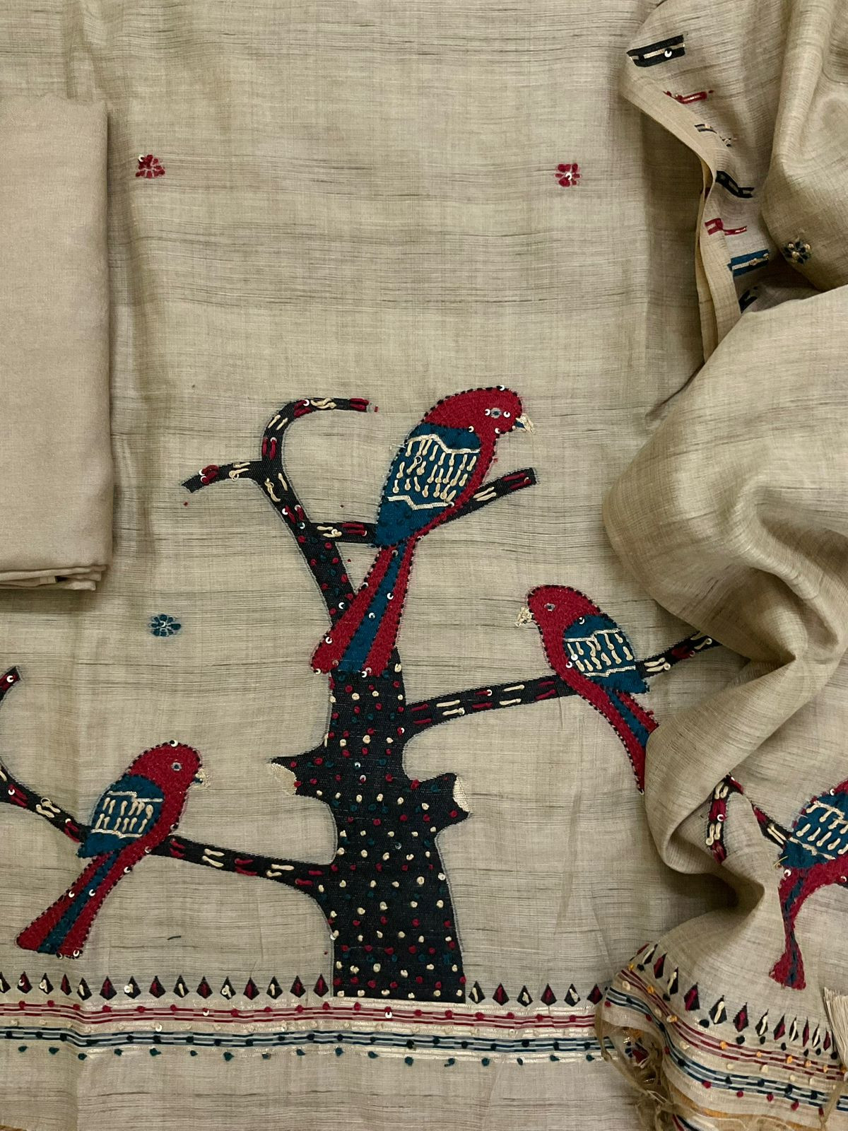 Soft Slub Chanderi Jamdani Weaved Embroidered Suit - Beige