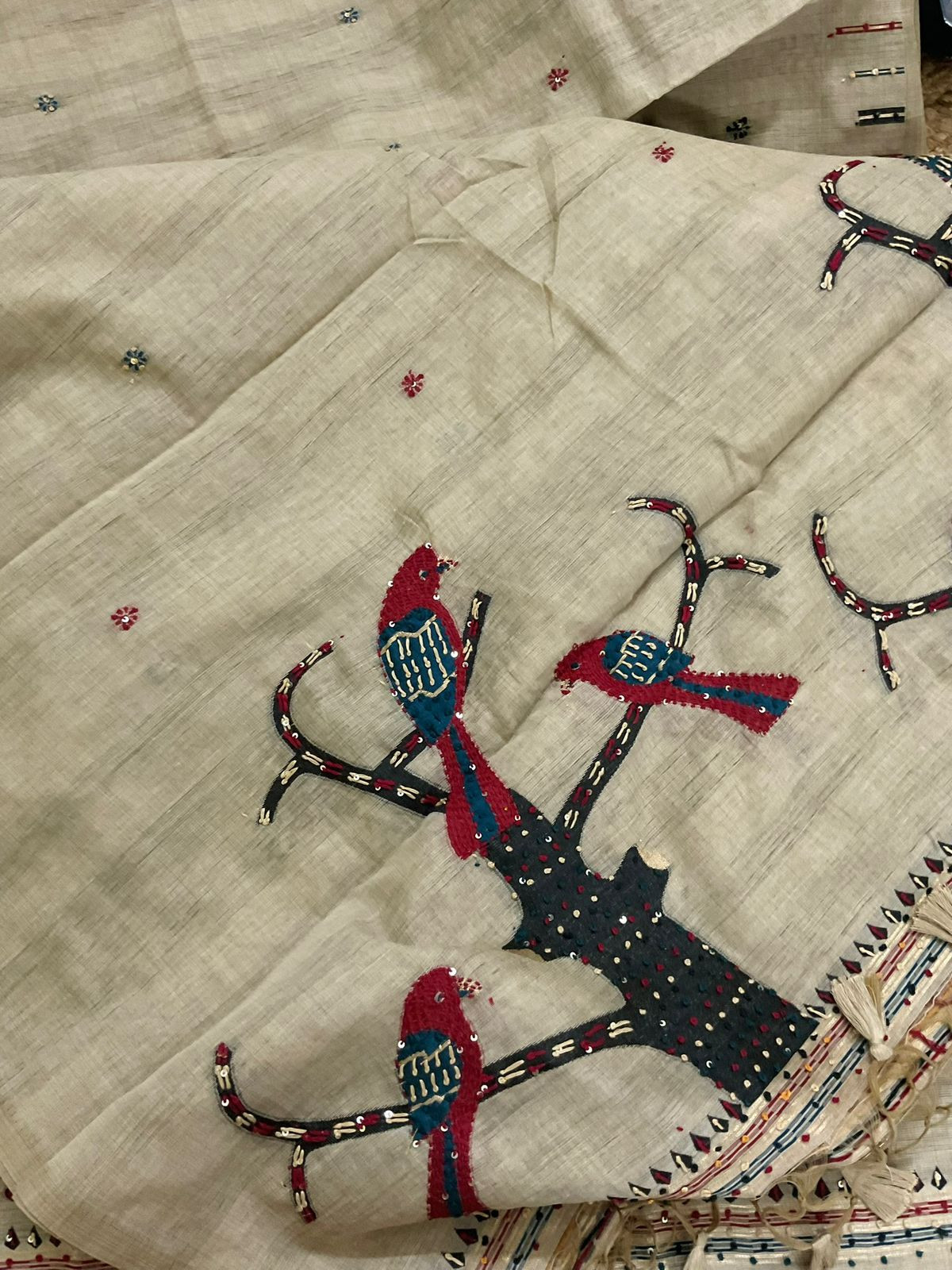 Soft Slub Chanderi Jamdani Weaved Embroidered Suit - Beige