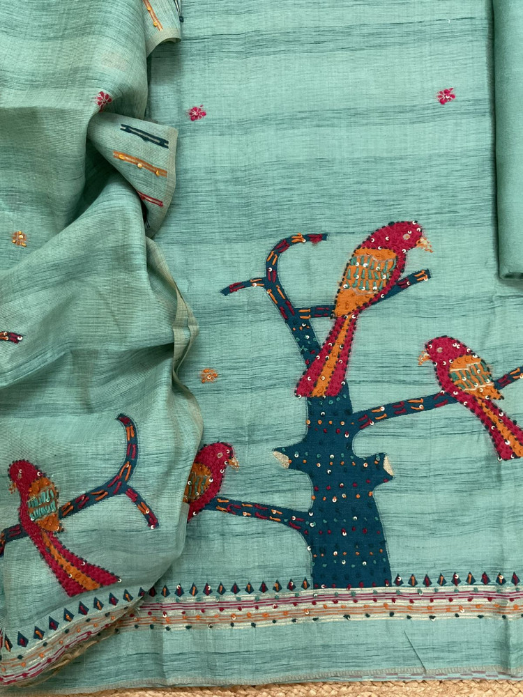 Image of Soft Slub Chanderi Jamdani Weaved Embroidered Suit - Blue