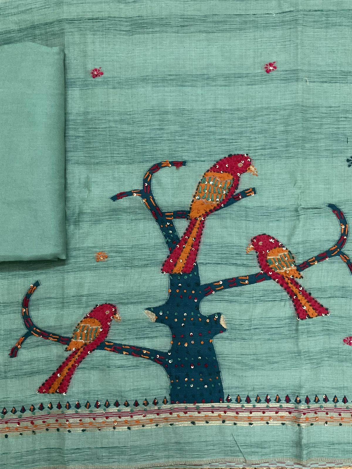 Soft Slub Chanderi Jamdani Weaved Embroidered Suit - Blue