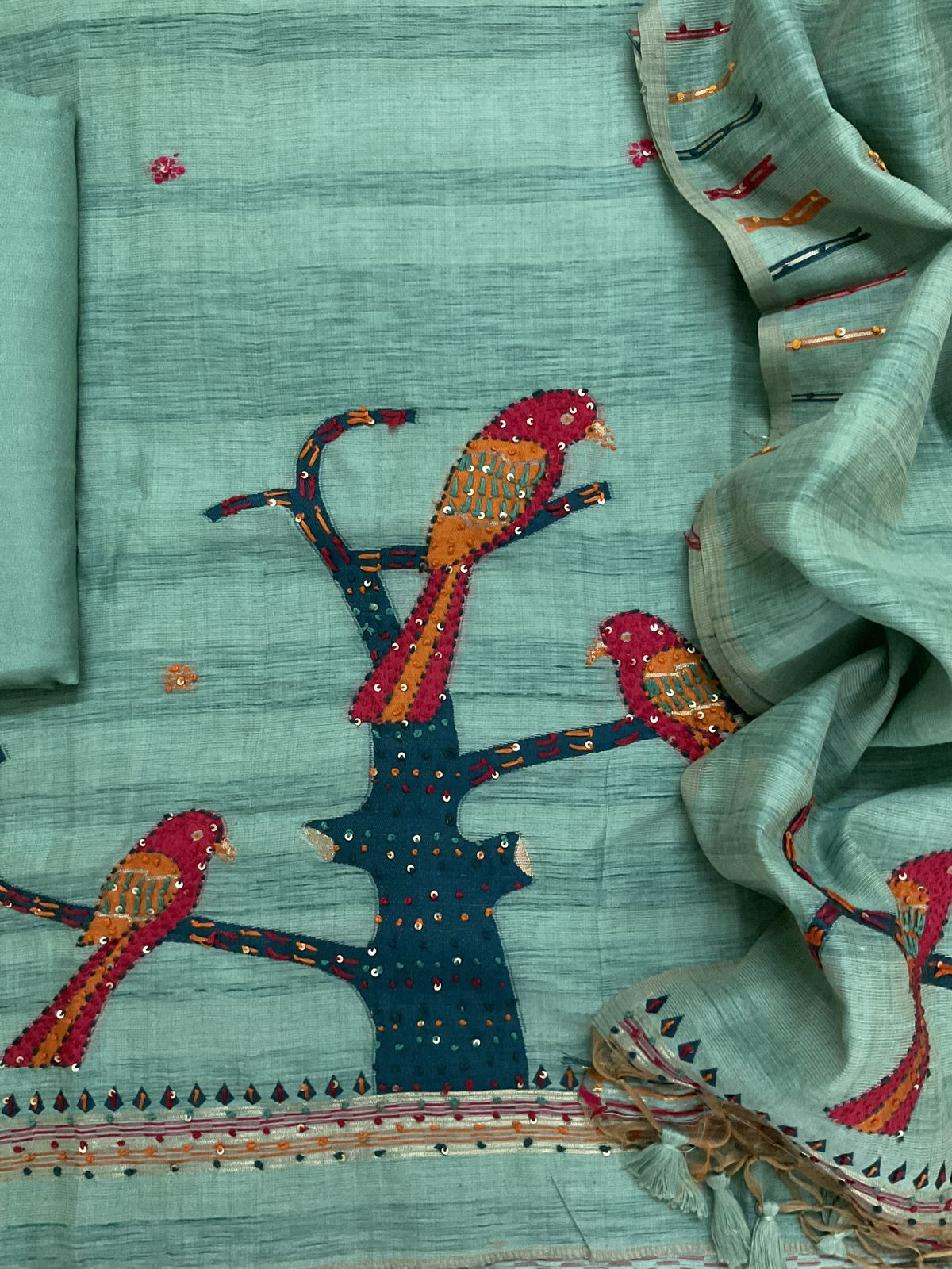 Soft Slub Chanderi Jamdani Weaved Embroidered Suit - Blue