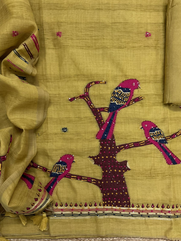 Image of Soft Slub Chanderi Jamdani Weaved Embroidered Suit - Yellow