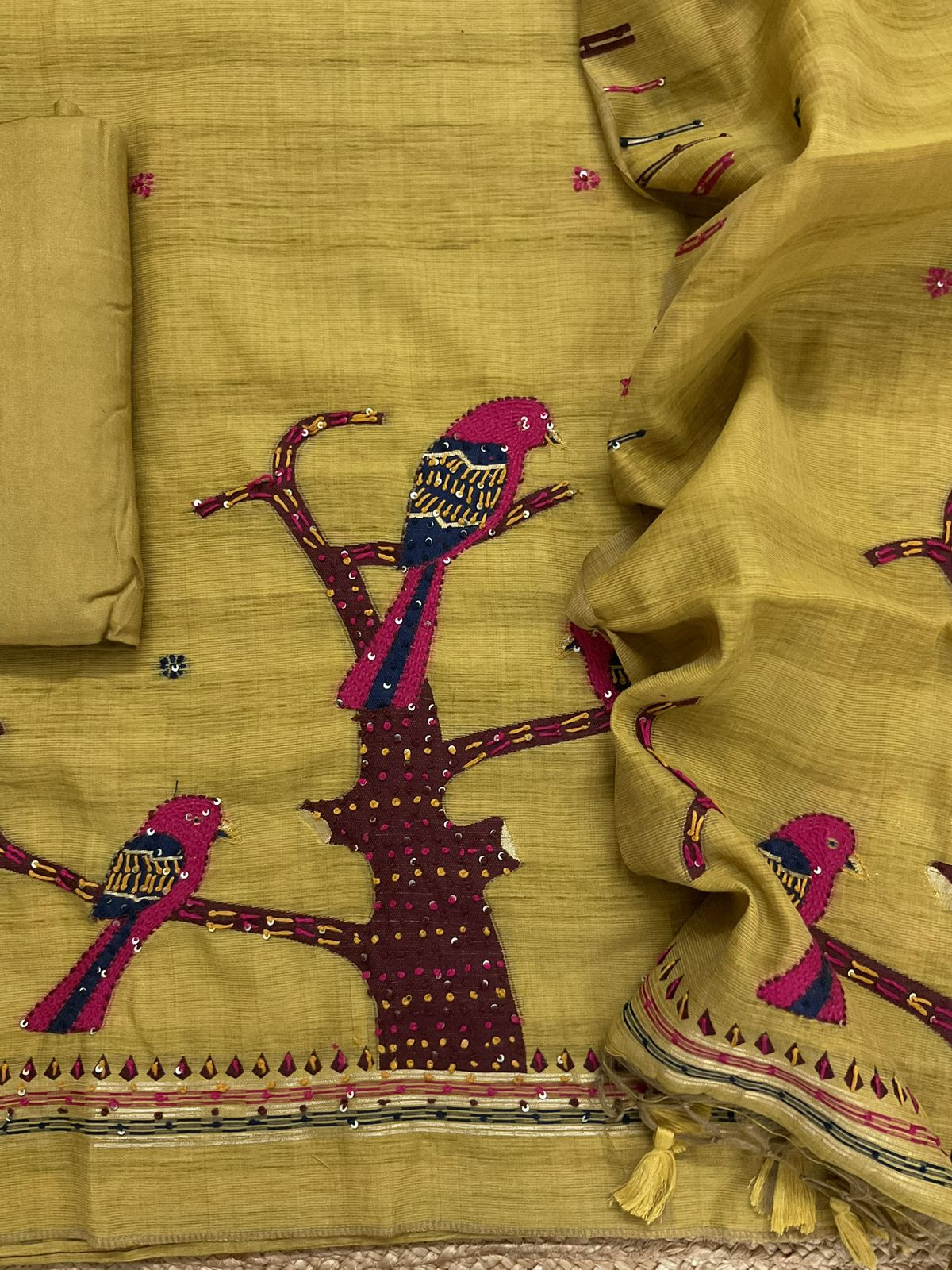 Soft Slub Chanderi Jamdani Weaved Embroidered Suit - Yellow