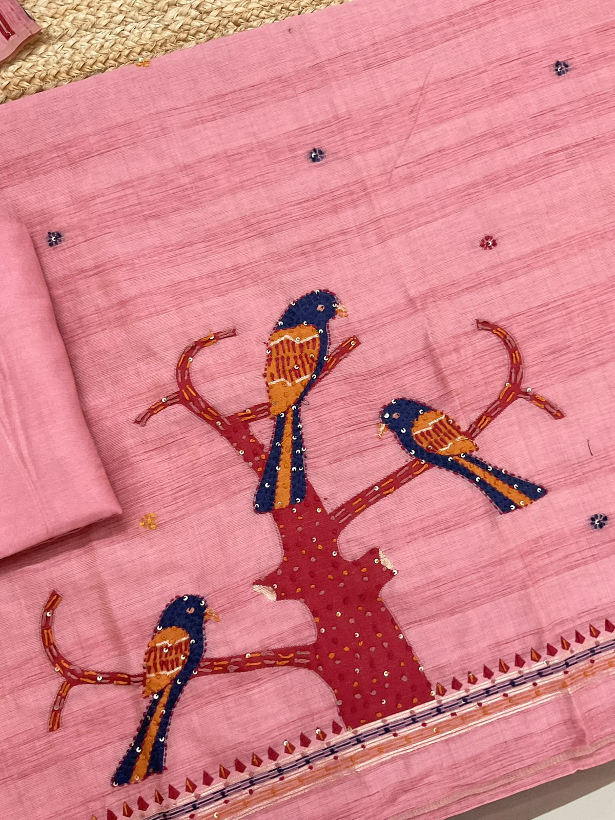 Soft Slub Chanderi Jamdani Weaved Embroidered Suit - Pink
