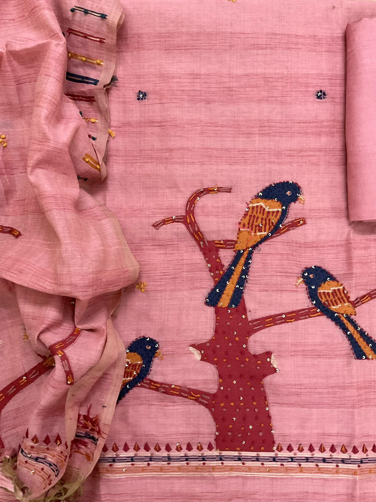 Soft Slub Chanderi Jamdani Weaved Embroidered Suit - Pink