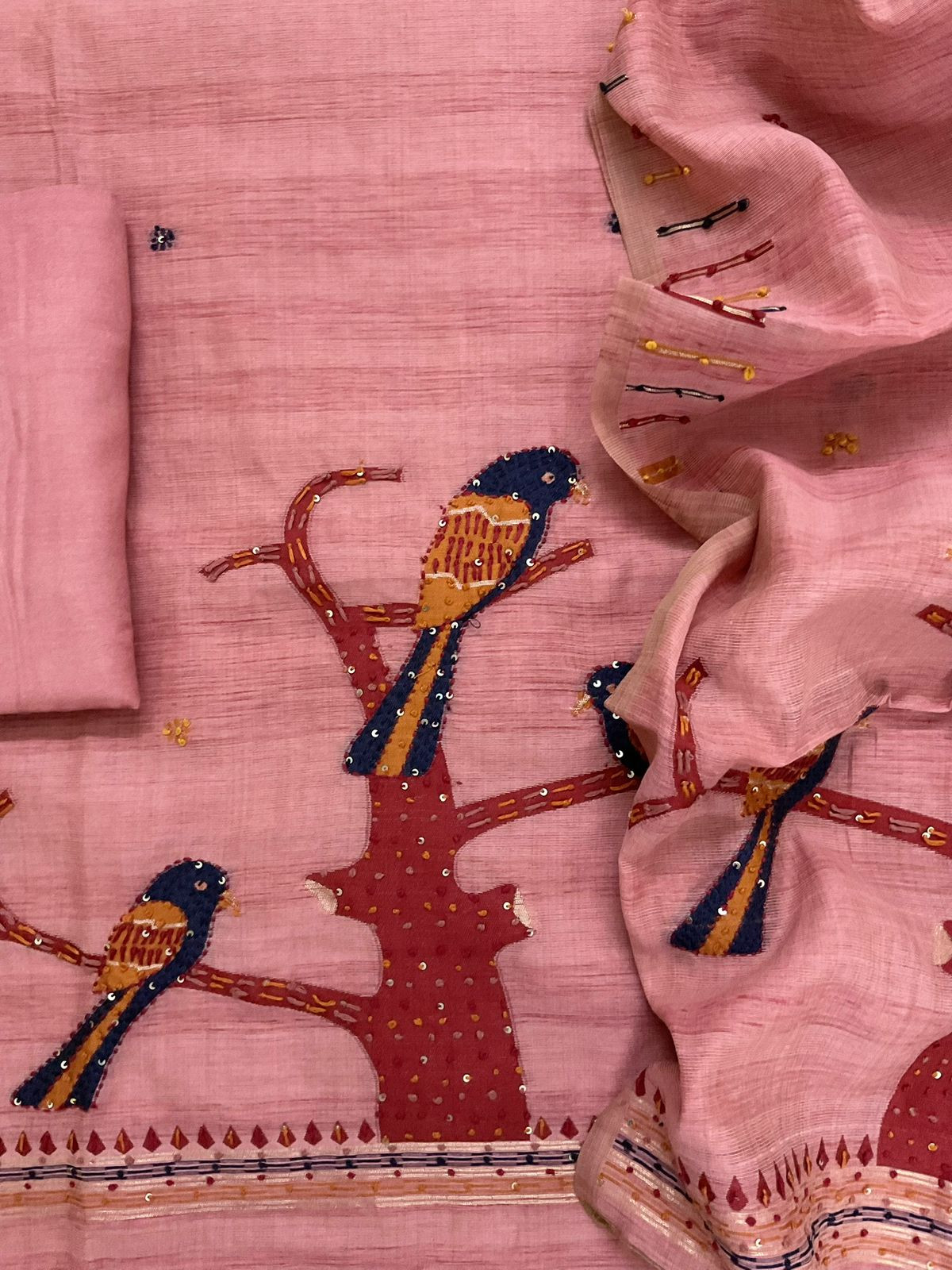 Soft Slub Chanderi Jamdani Weaved Embroidered Suit - Pink