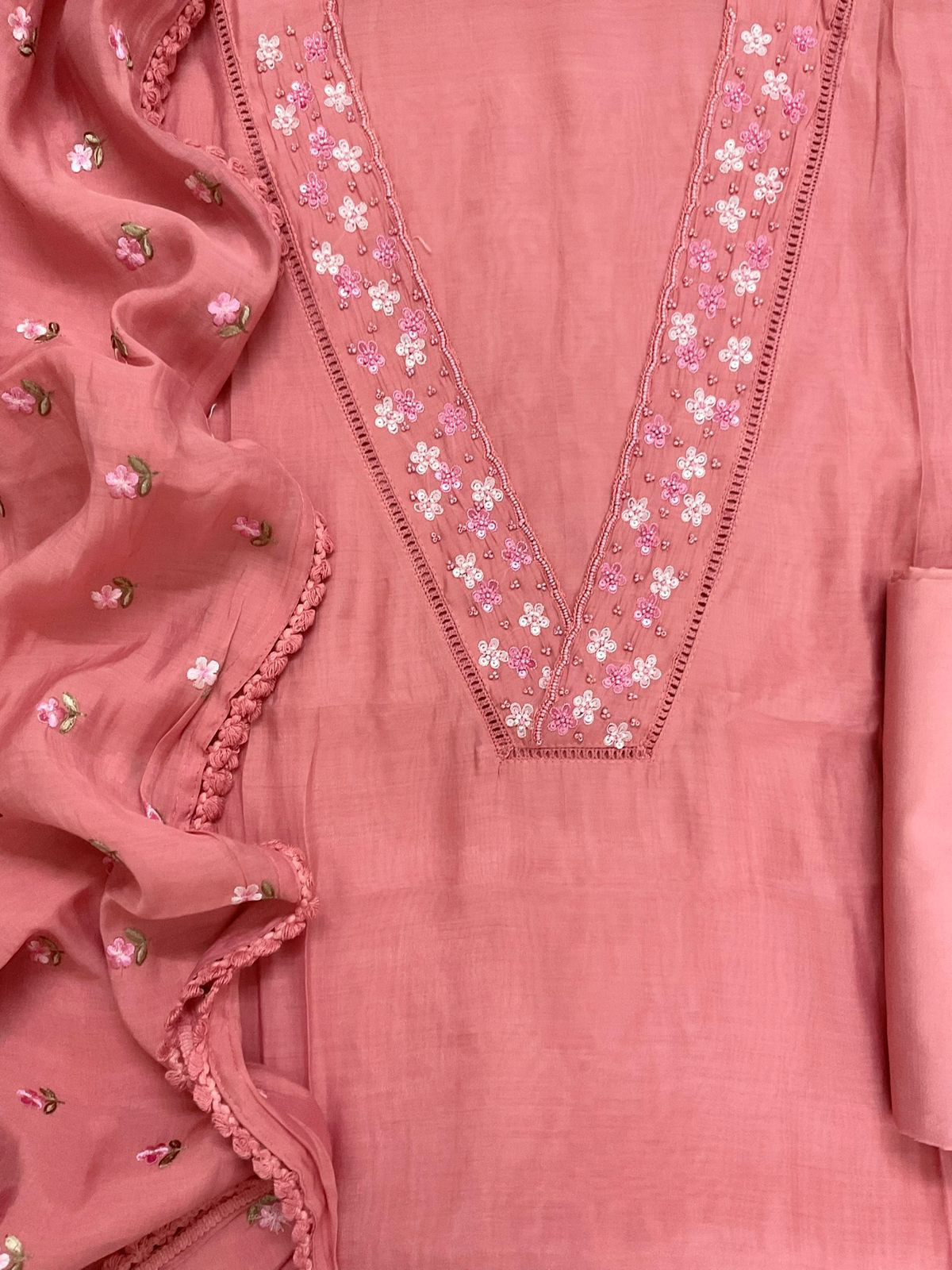 Pure Muslin Embroidered Suit - Peach