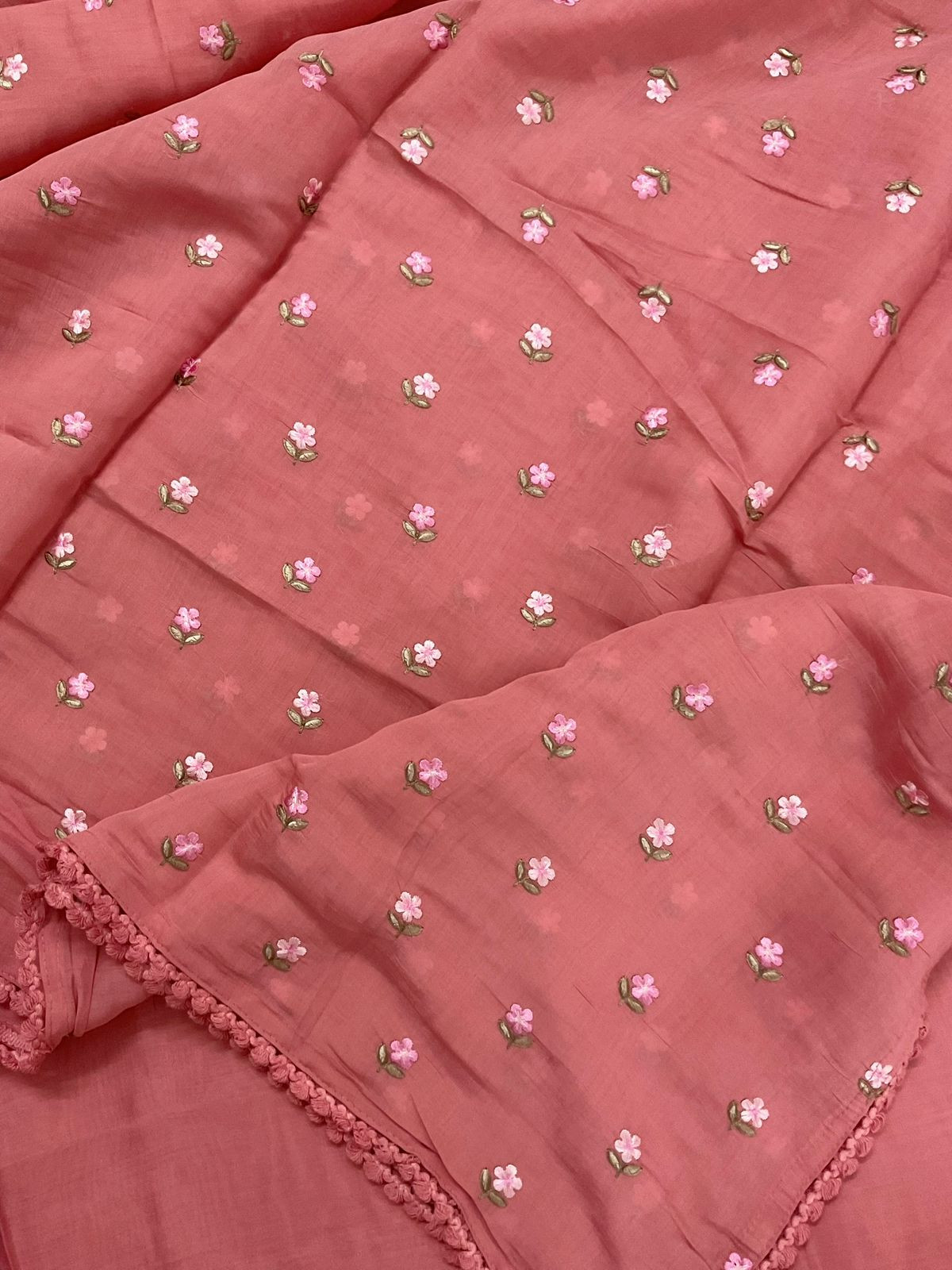 Pure Muslin Embroidered Suit - Peach