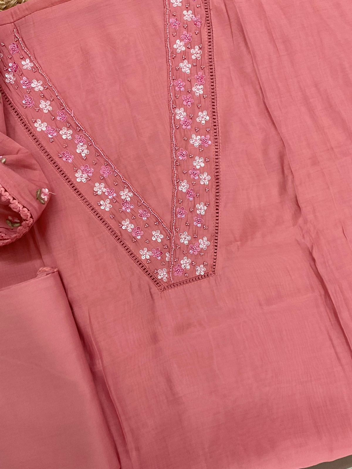 Pure Muslin Embroidered Suit - Peach
