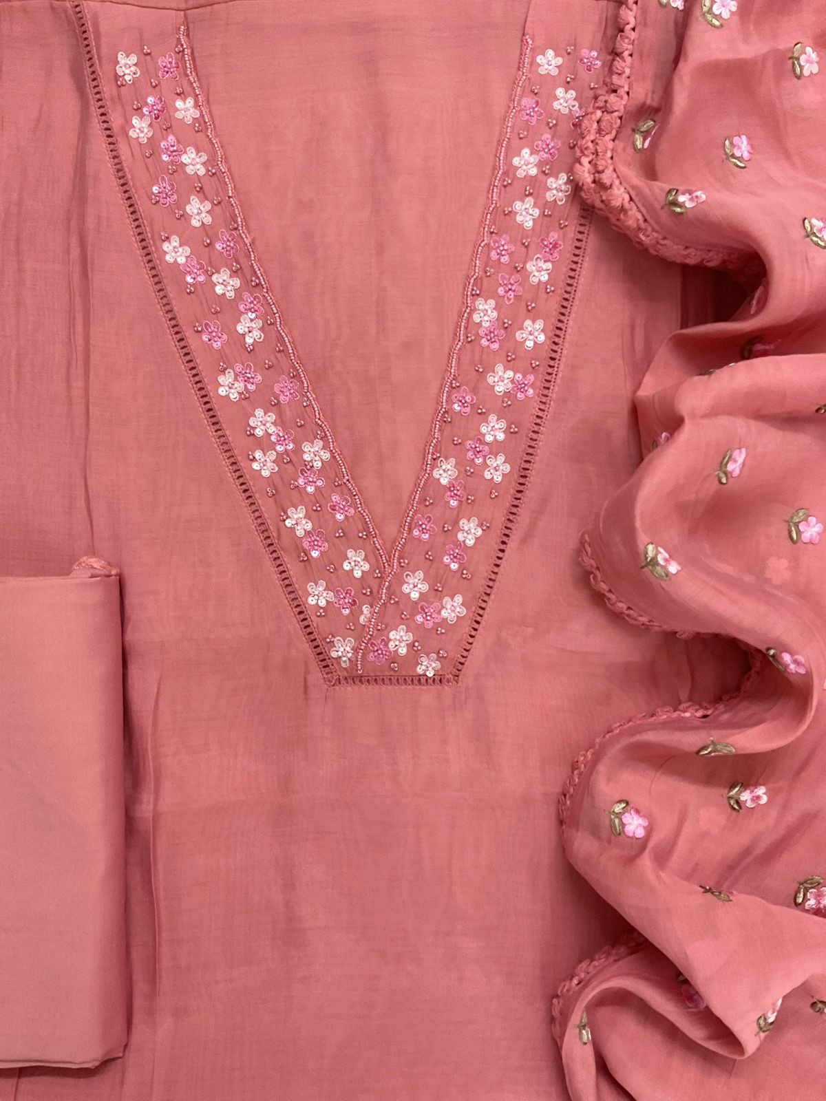 Pure Muslin Embroidered Suit - Peach