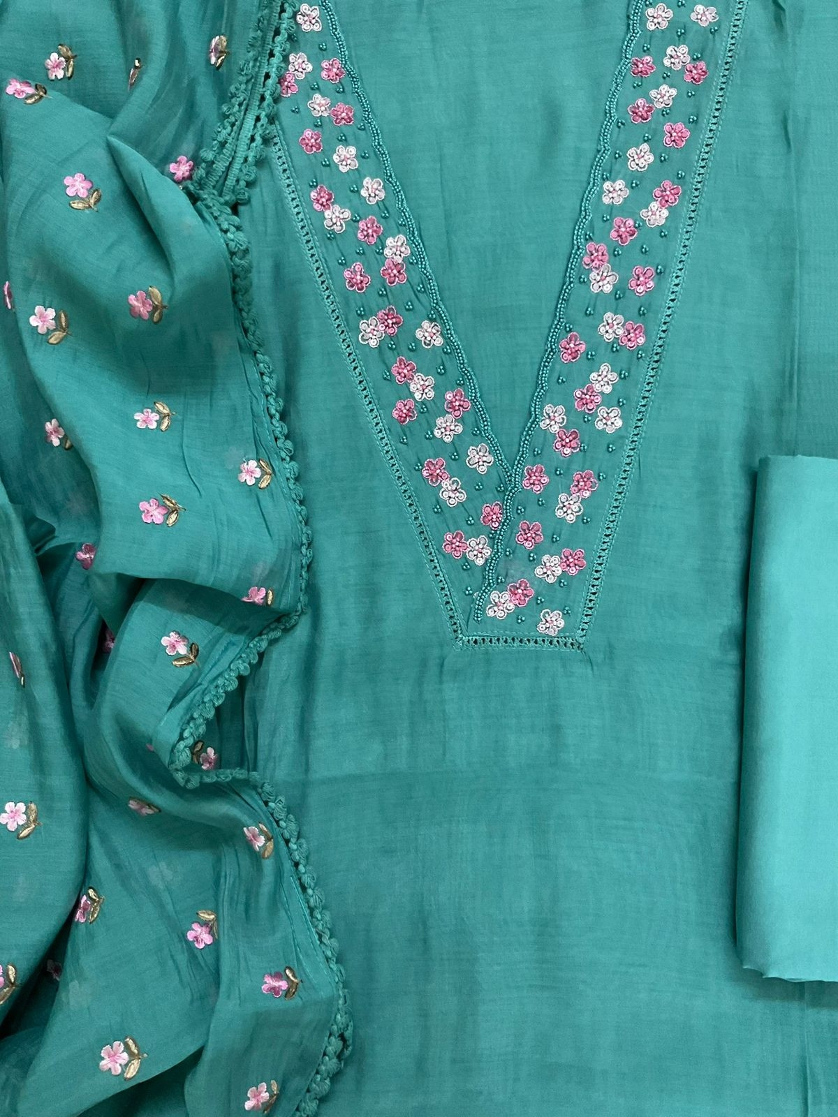 Pure Muslin Embroidered Suit - Blue