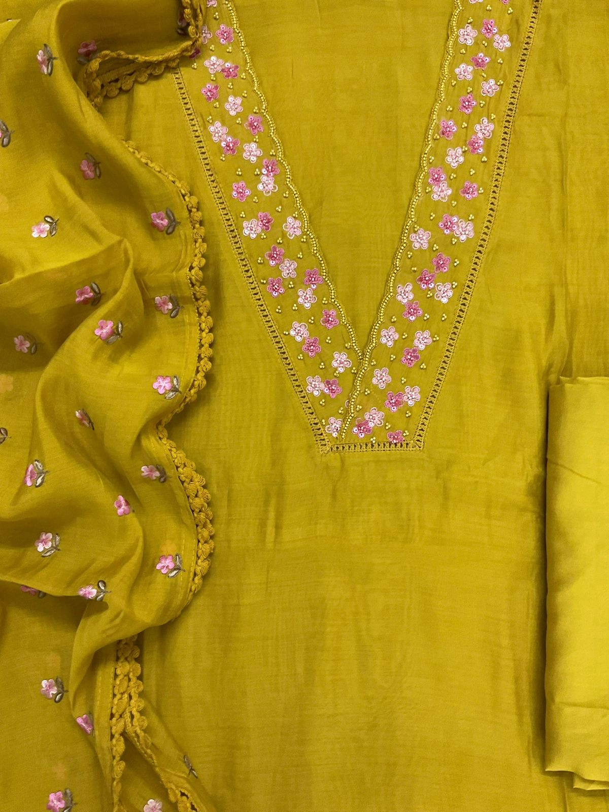 Pure Muslin Embroidered Suit - Yellow