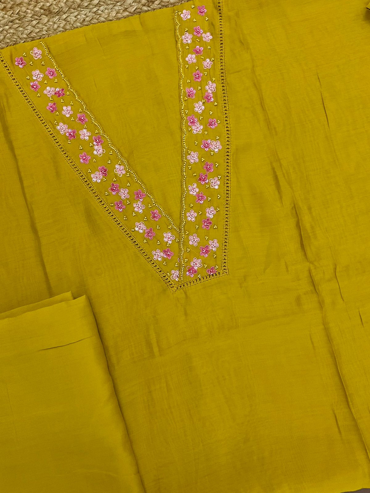 Pure Muslin Embroidered Suit - Yellow