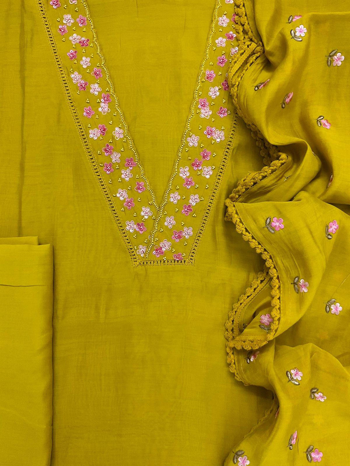 Pure Muslin Embroidered Suit - Yellow