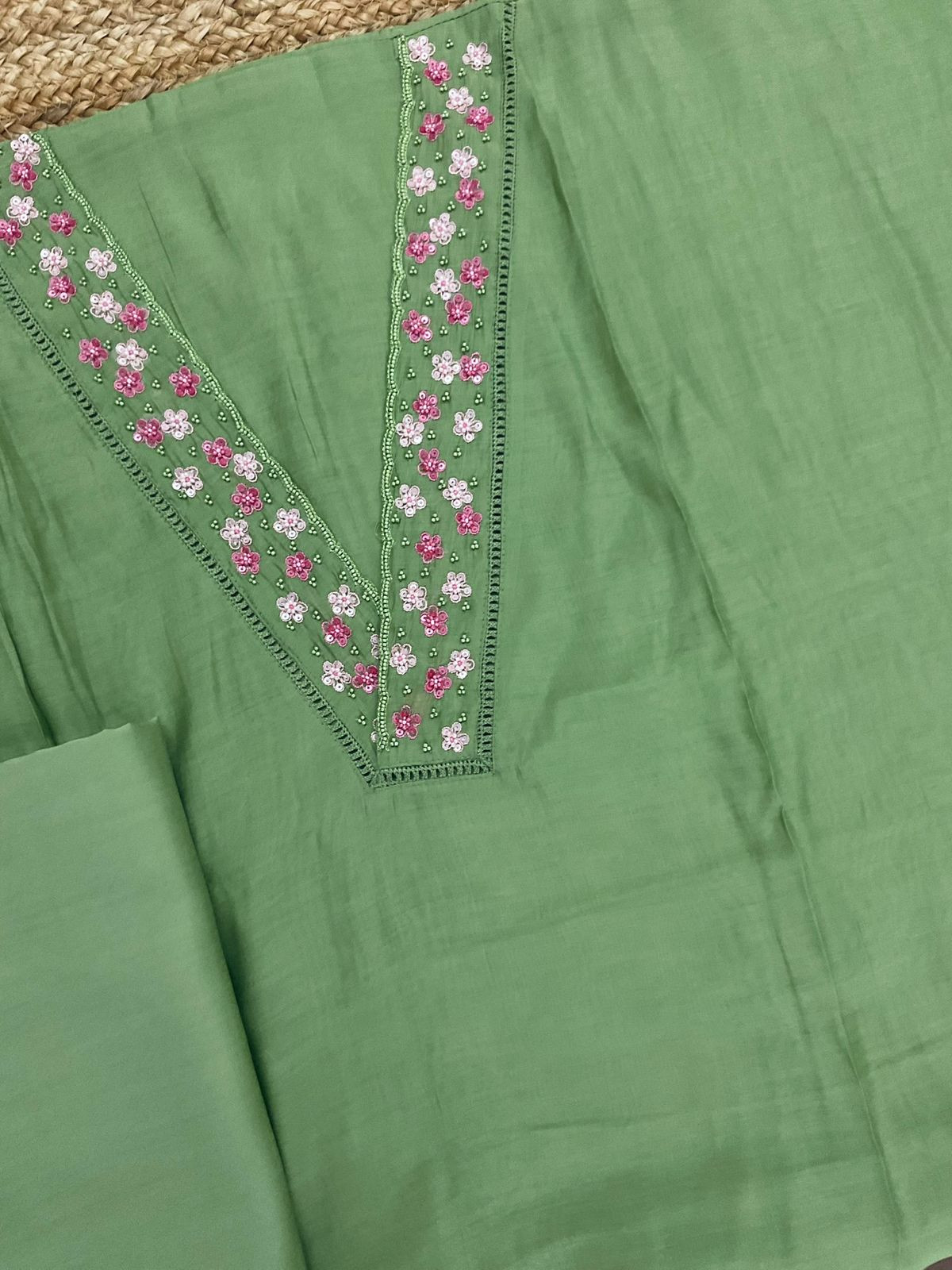 Pure Muslin Embroidered Suit - Green