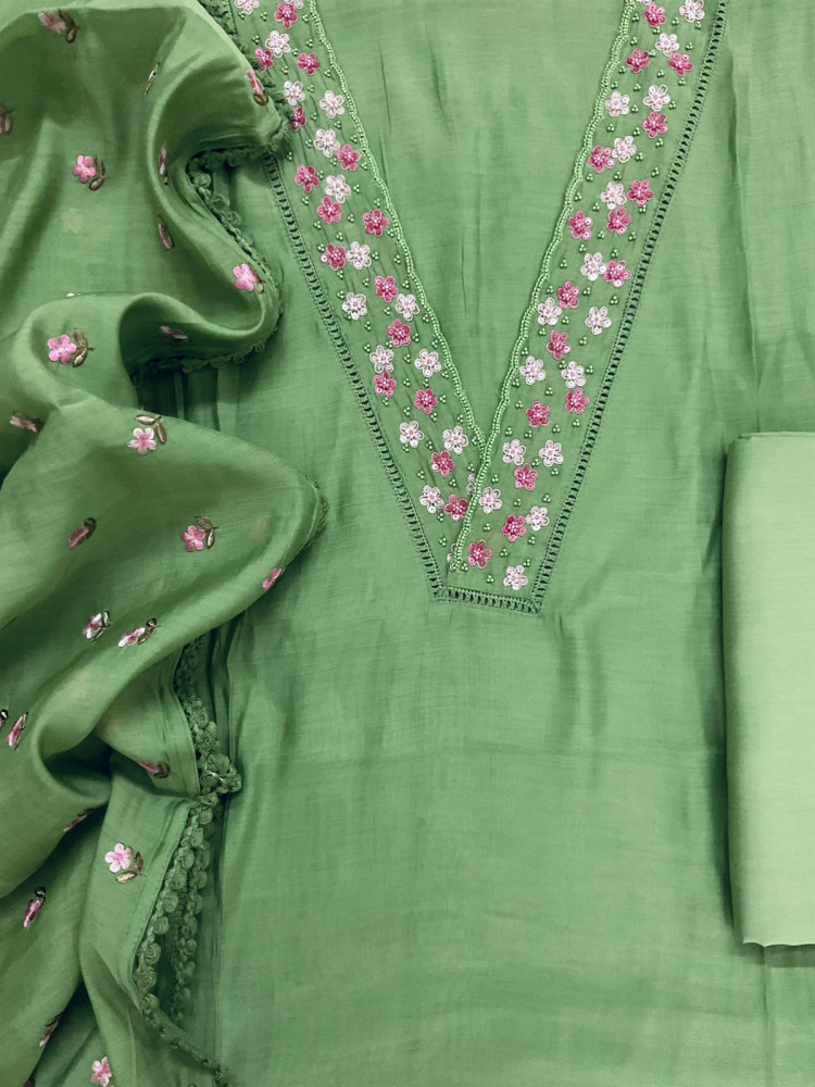 Image of Pure Muslin Embroidered Suit - Green