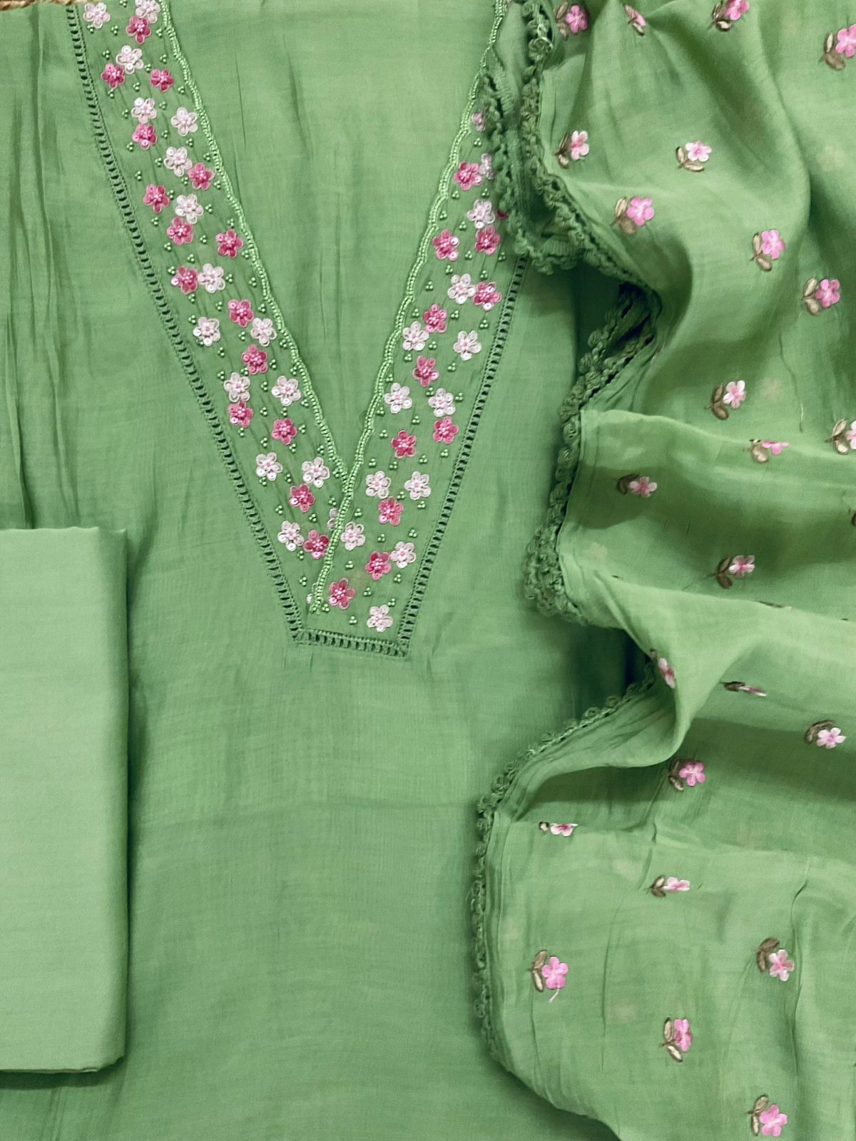 Pure Muslin Embroidered Suit - Green