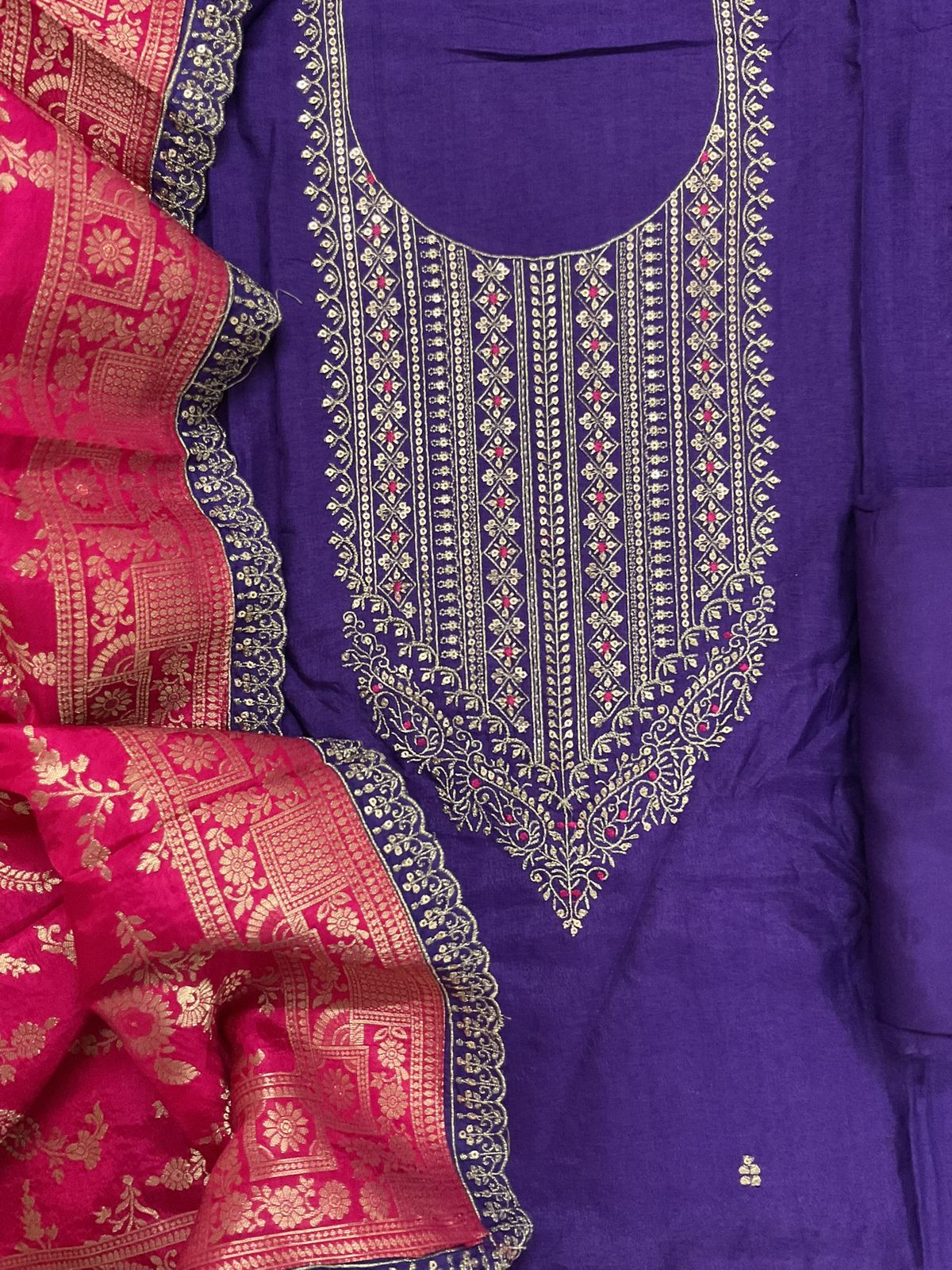 Soft Dola Silk Banarasi Weaved Embroidered Suit - Purple