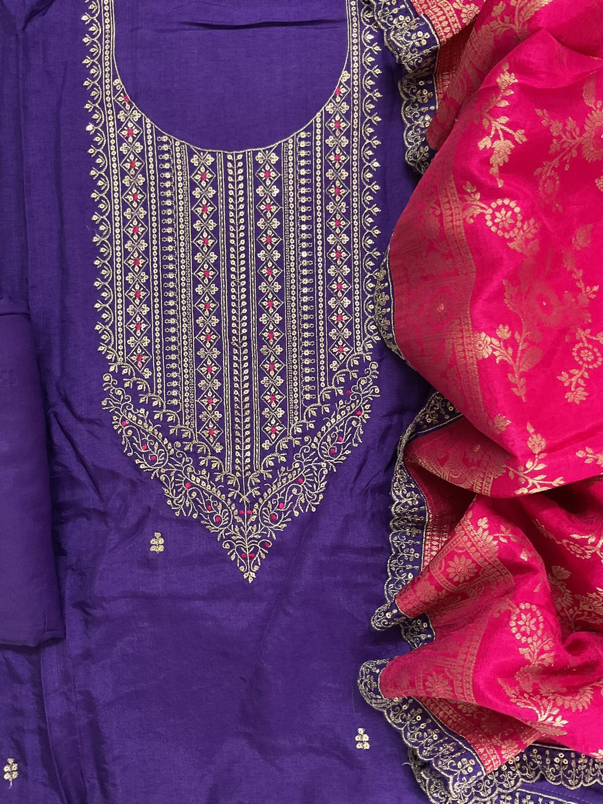 Soft Dola Silk Banarasi Weaved Embroidered Suit - Purple