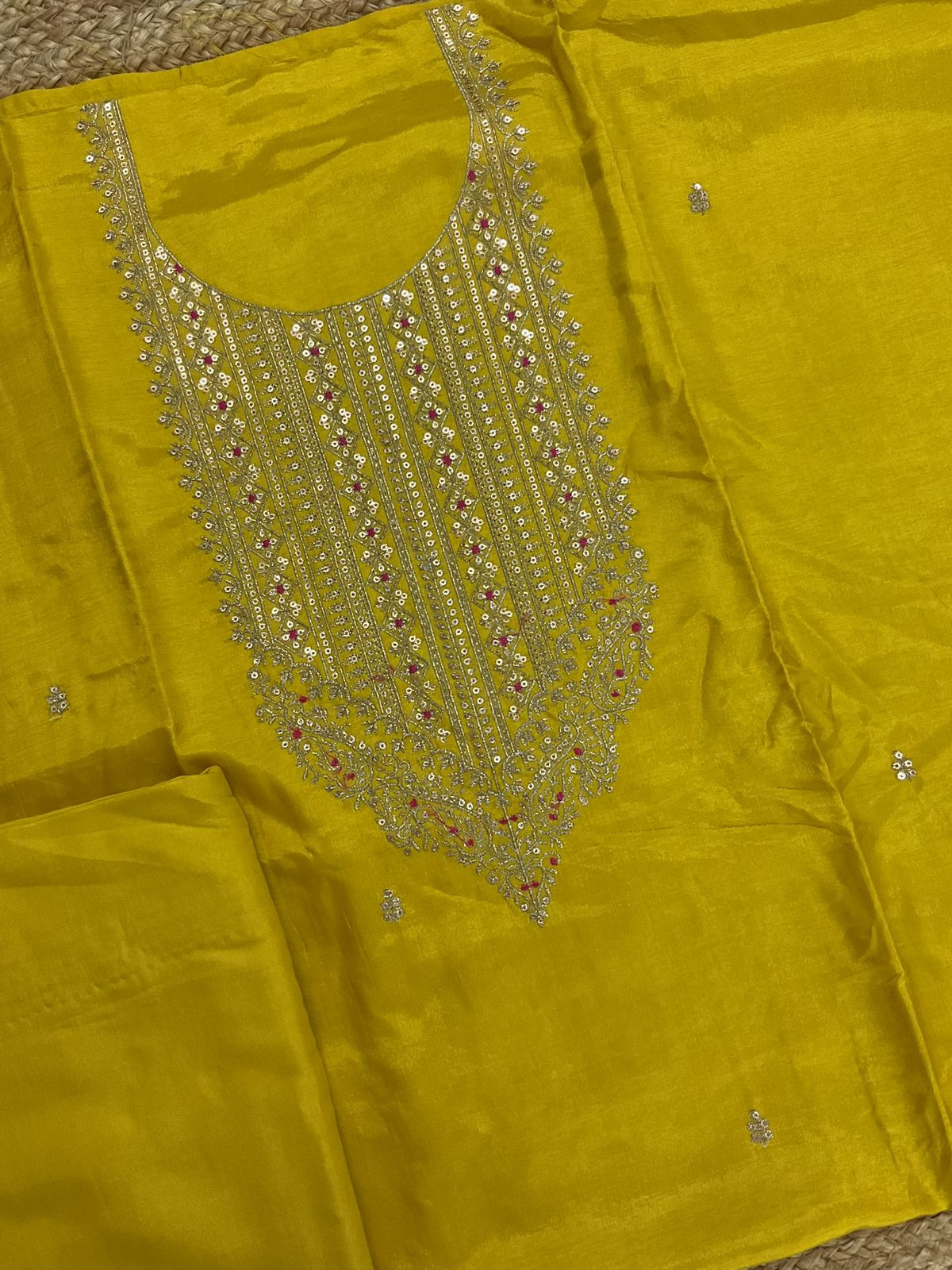Soft Dola Silk Banarasi Weaved Embroidered Suit - Yellow