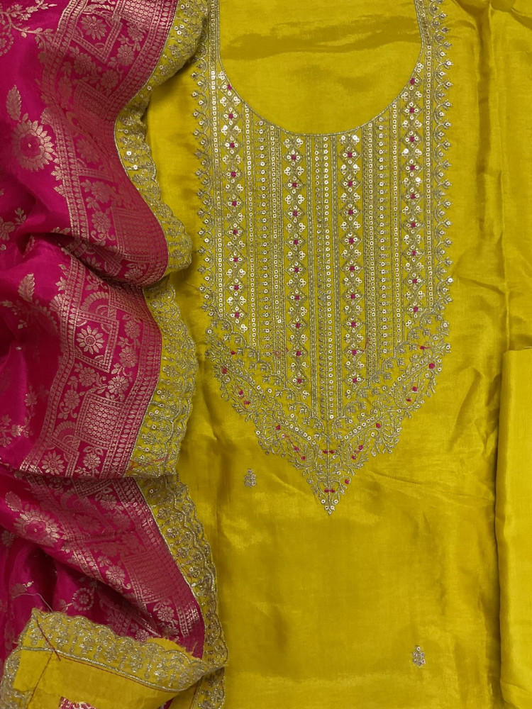 Image of Soft Dola Silk Banarasi Weaved Embroidered Suit - Yellow