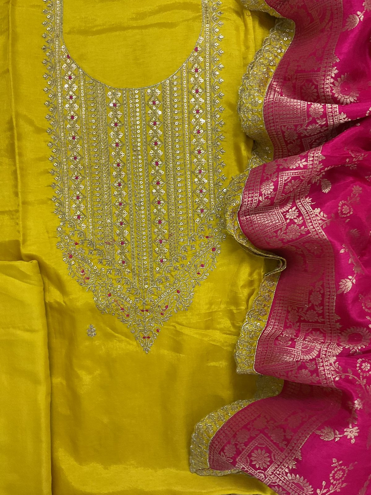Soft Dola Silk Banarasi Weaved Embroidered Suit - Yellow