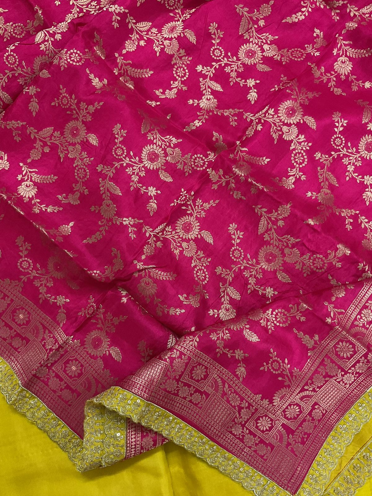 Soft Dola Silk Banarasi Weaved Embroidered Suit - Yellow