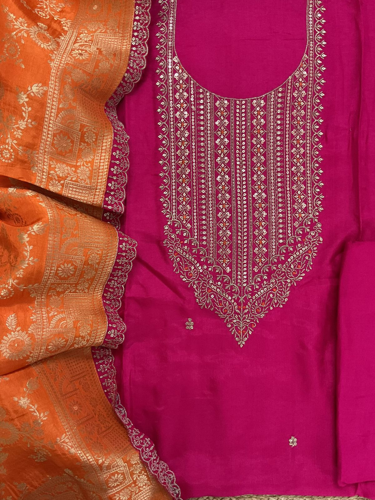 Soft Dola Silk Banarasi Weaved Embroidered Suit - Pink