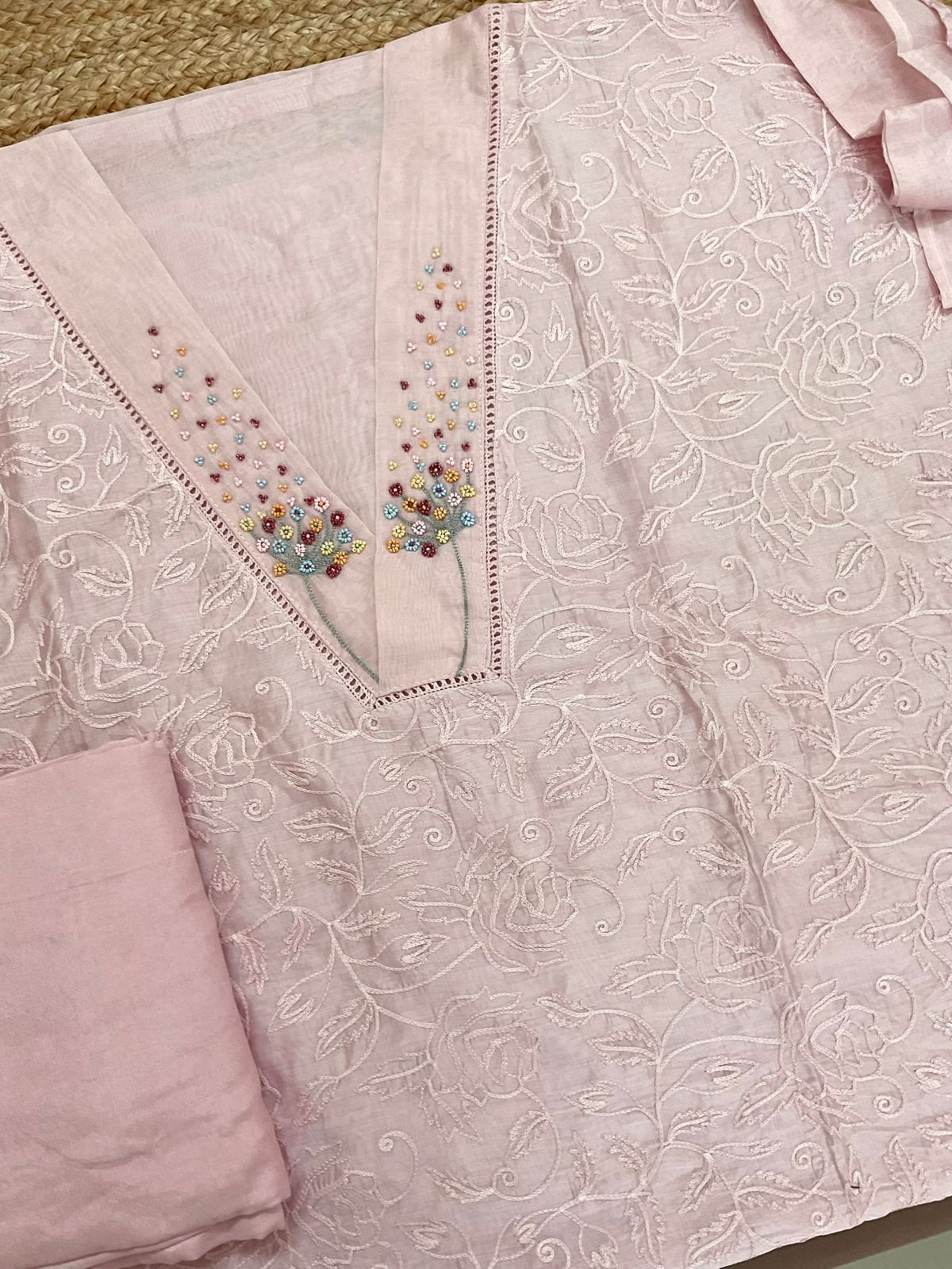 Pure Chanderi Embroidered Suit - Pink