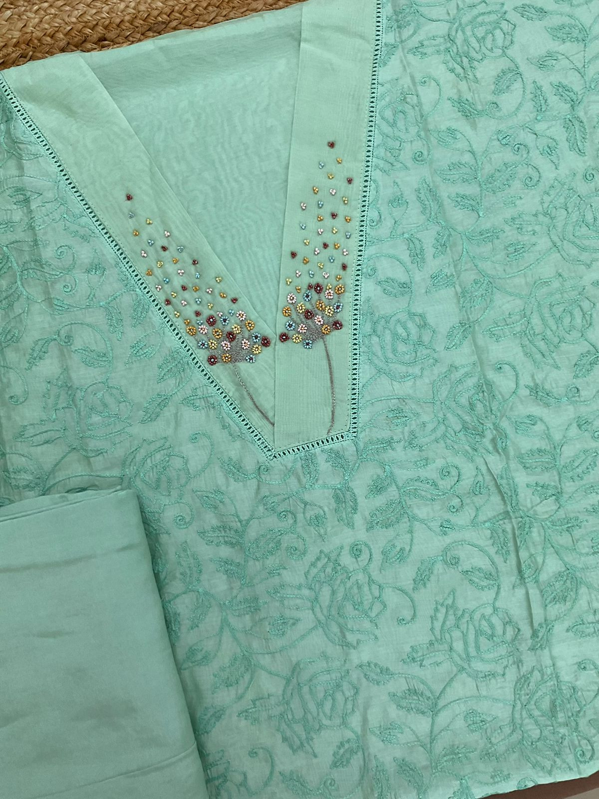 Pure Chanderi Embroidered Suit - Green