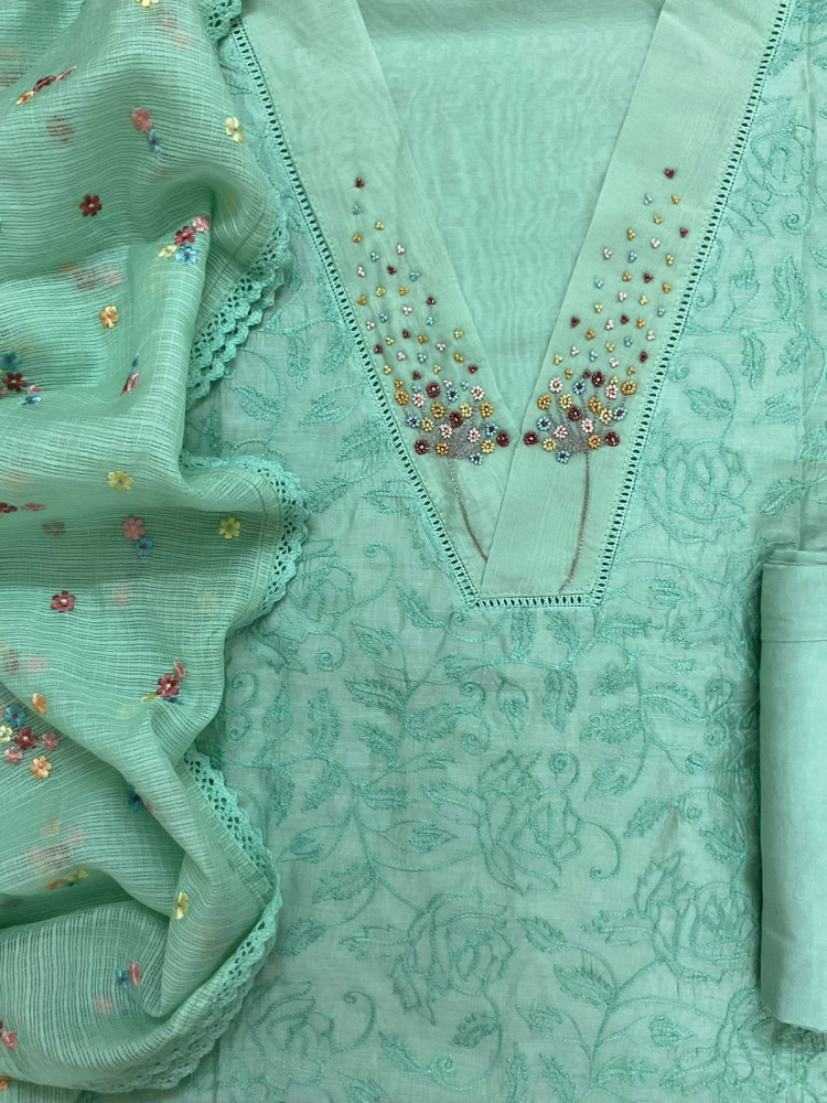 Image of Pure Chanderi Embroidered Suit - Green