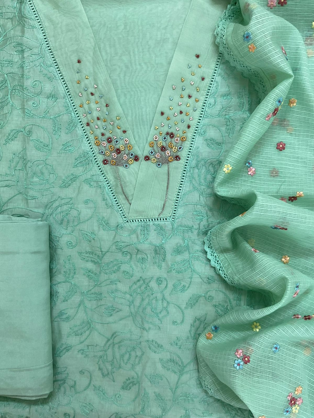 Pure Chanderi Embroidered Suit - Green