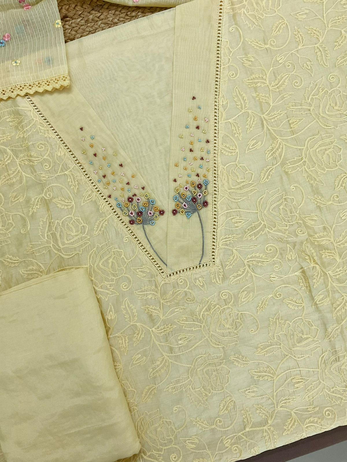 Pure Chanderi Embroidered Suit - Yellow