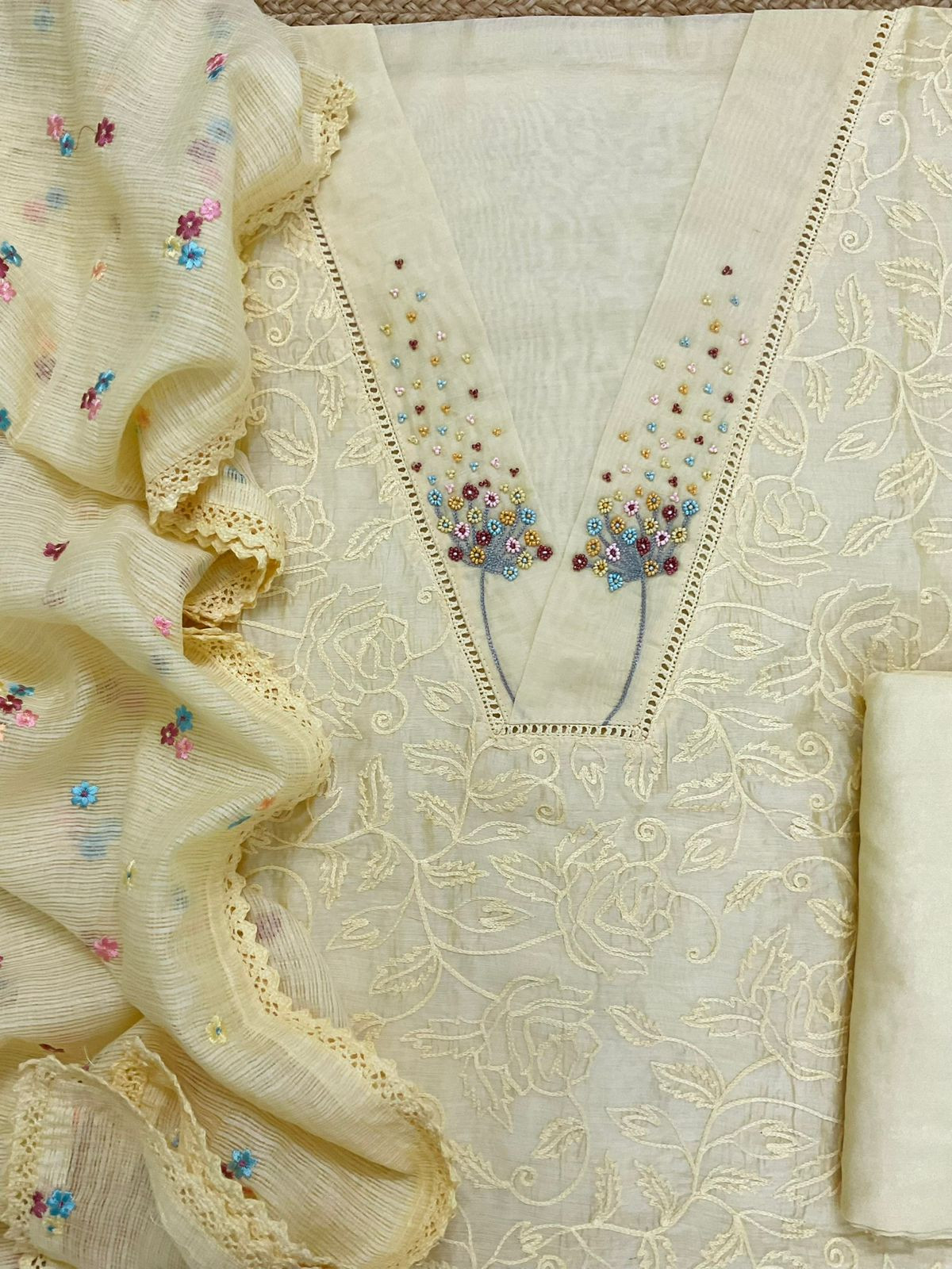 Pure Chanderi Embroidered Suit - Yellow
