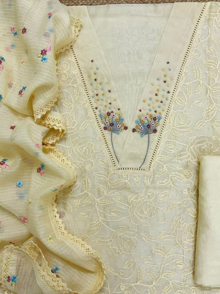 Image of Pure Chanderi Embroidered Suit - Yellow