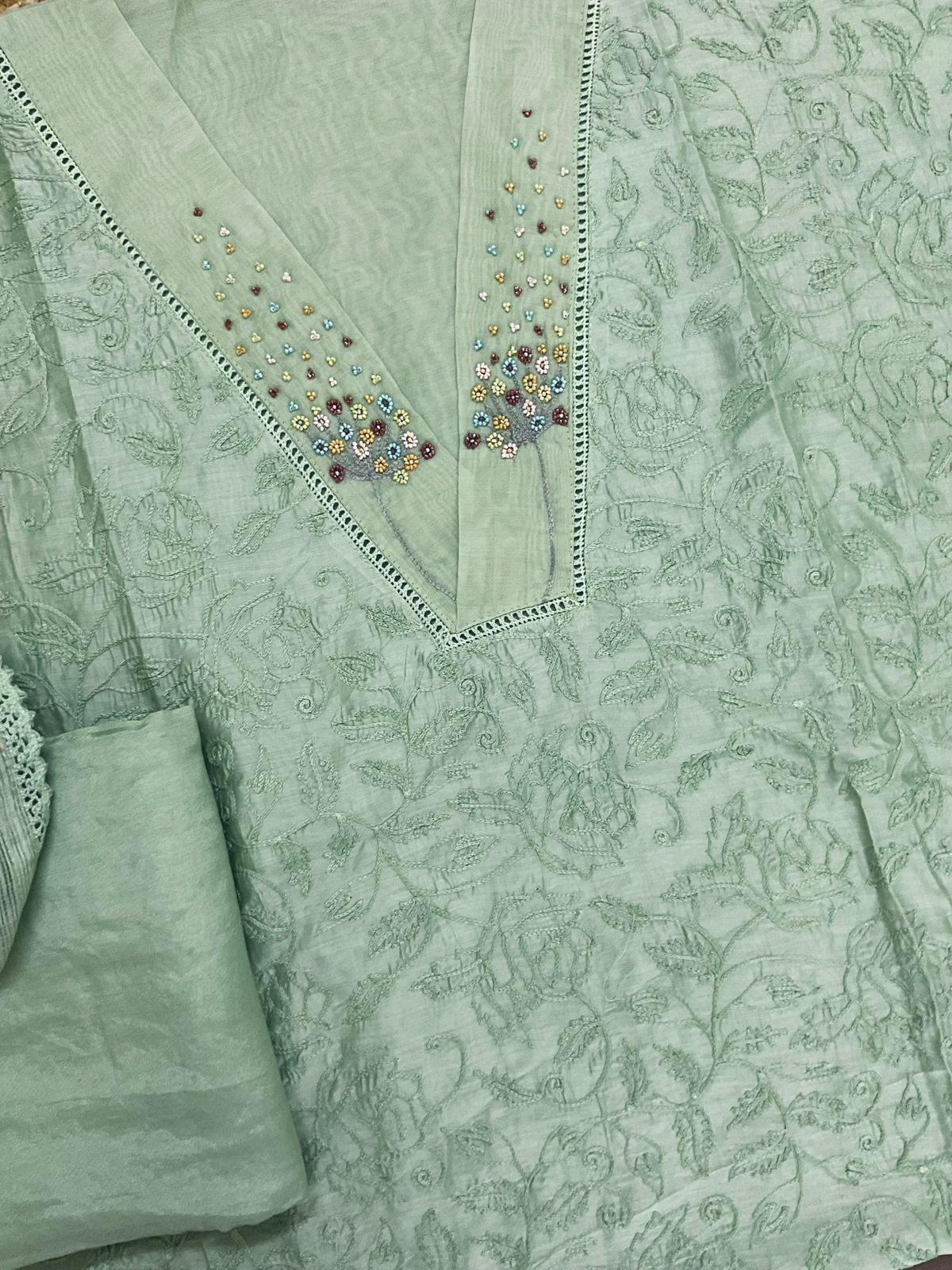 Pure Chanderi Embroidered Suit - Green