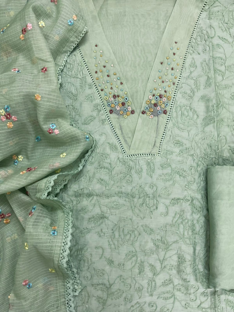 Image of Pure Chanderi Embroidered Suit - Green