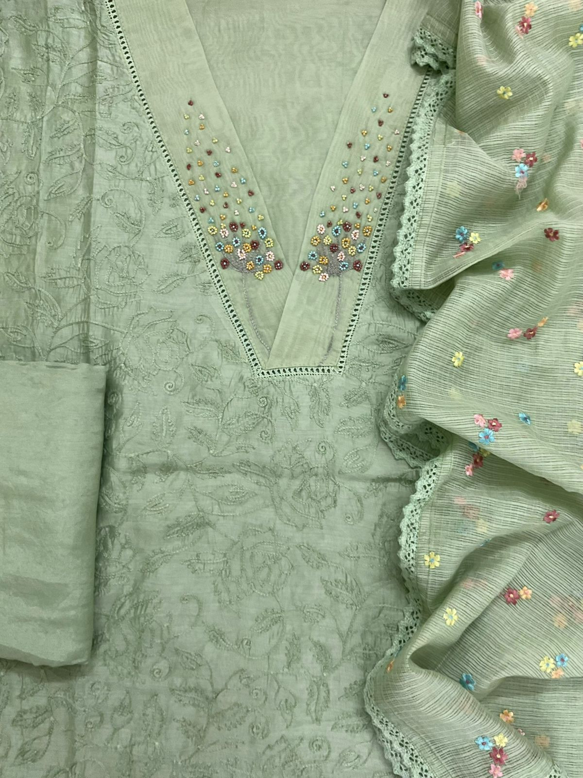 Pure Chanderi Embroidered Suit - Green