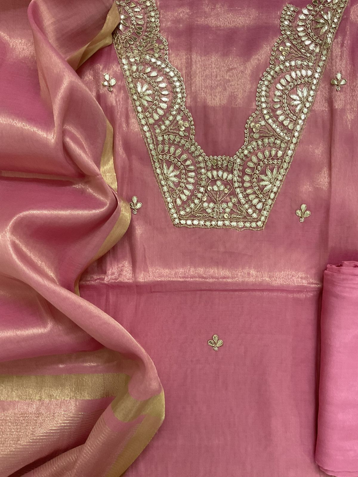 Pure Tissue Chanderi Embroidered Suit - Pink