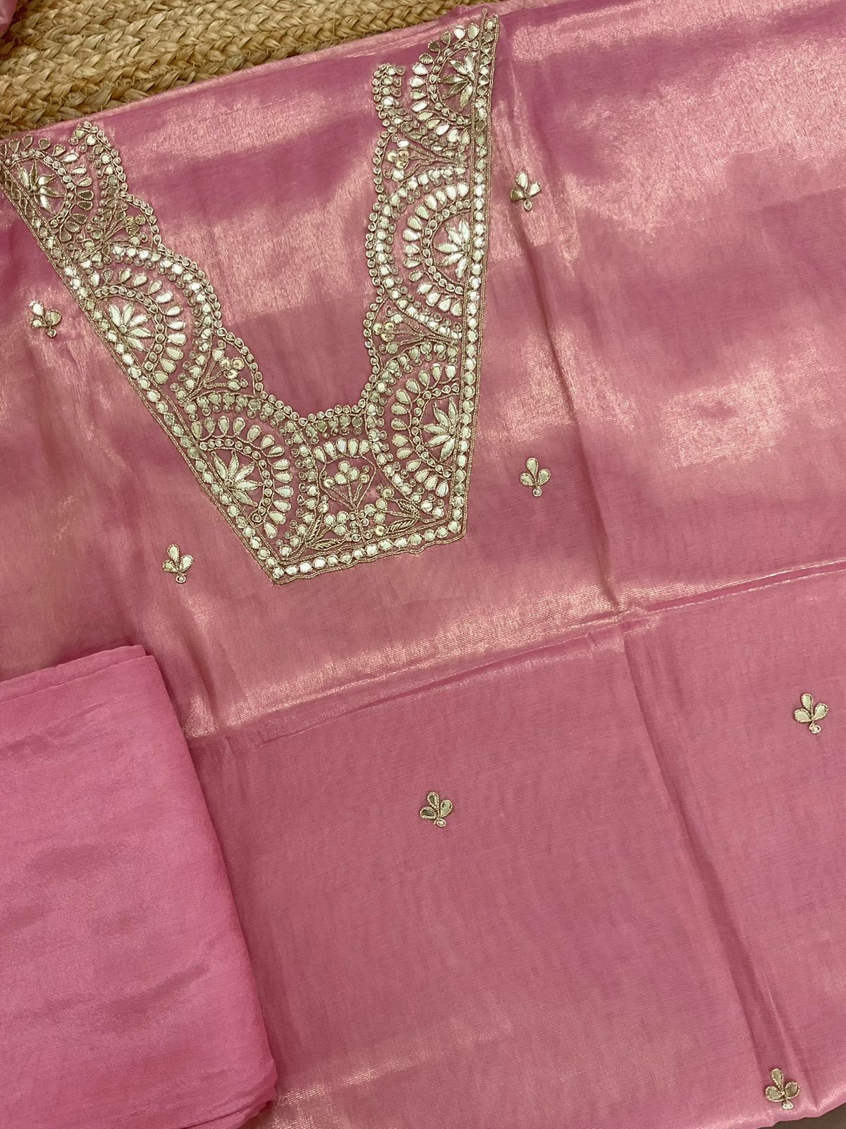 Pure Tissue Chanderi Embroidered Suit - Pink