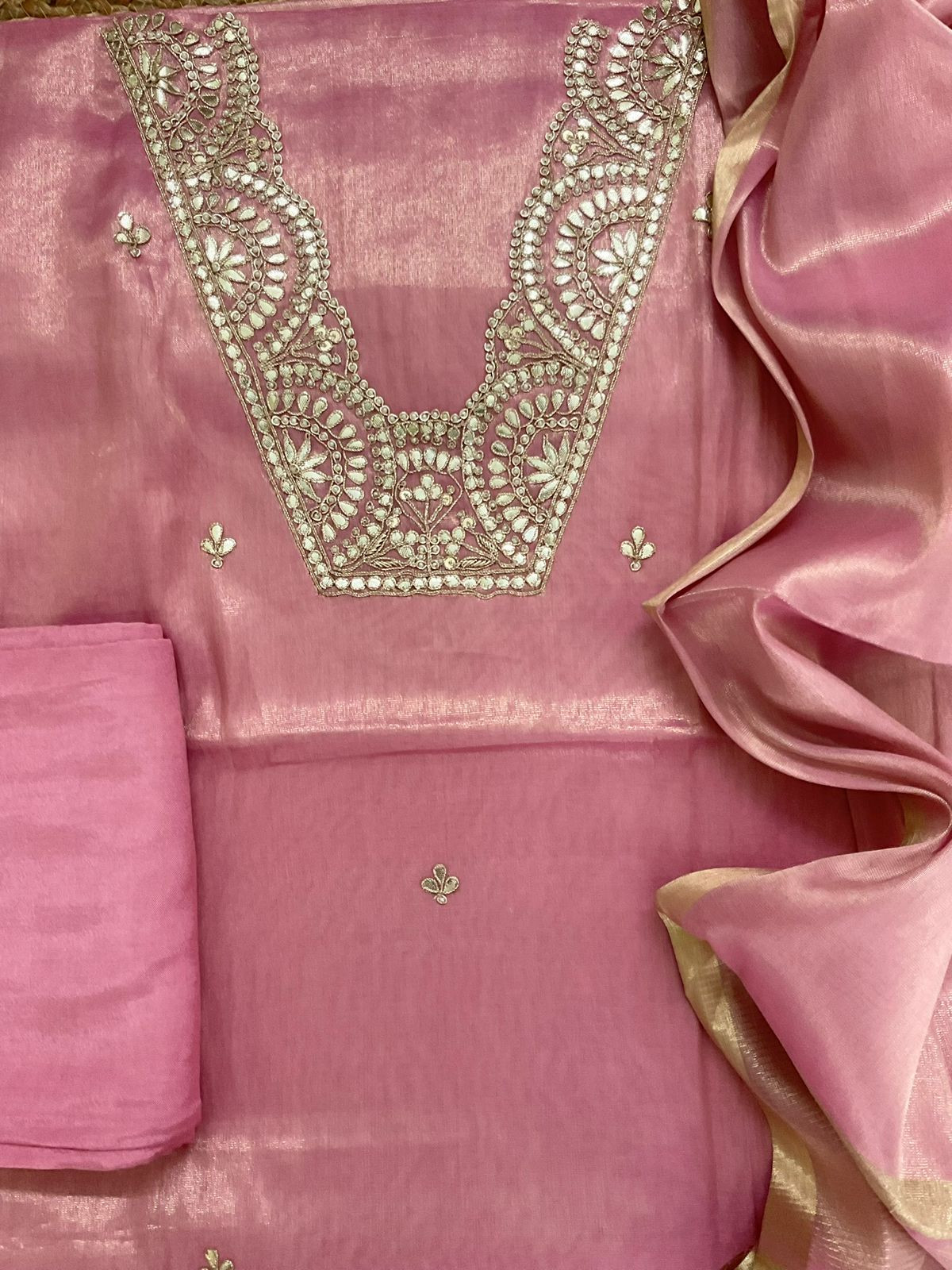 Pure Tissue Chanderi Embroidered Suit - Pink