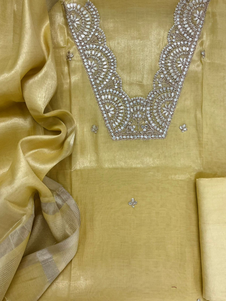 Image of Pure Tissue Chanderi Embroidered Suit - Yellow