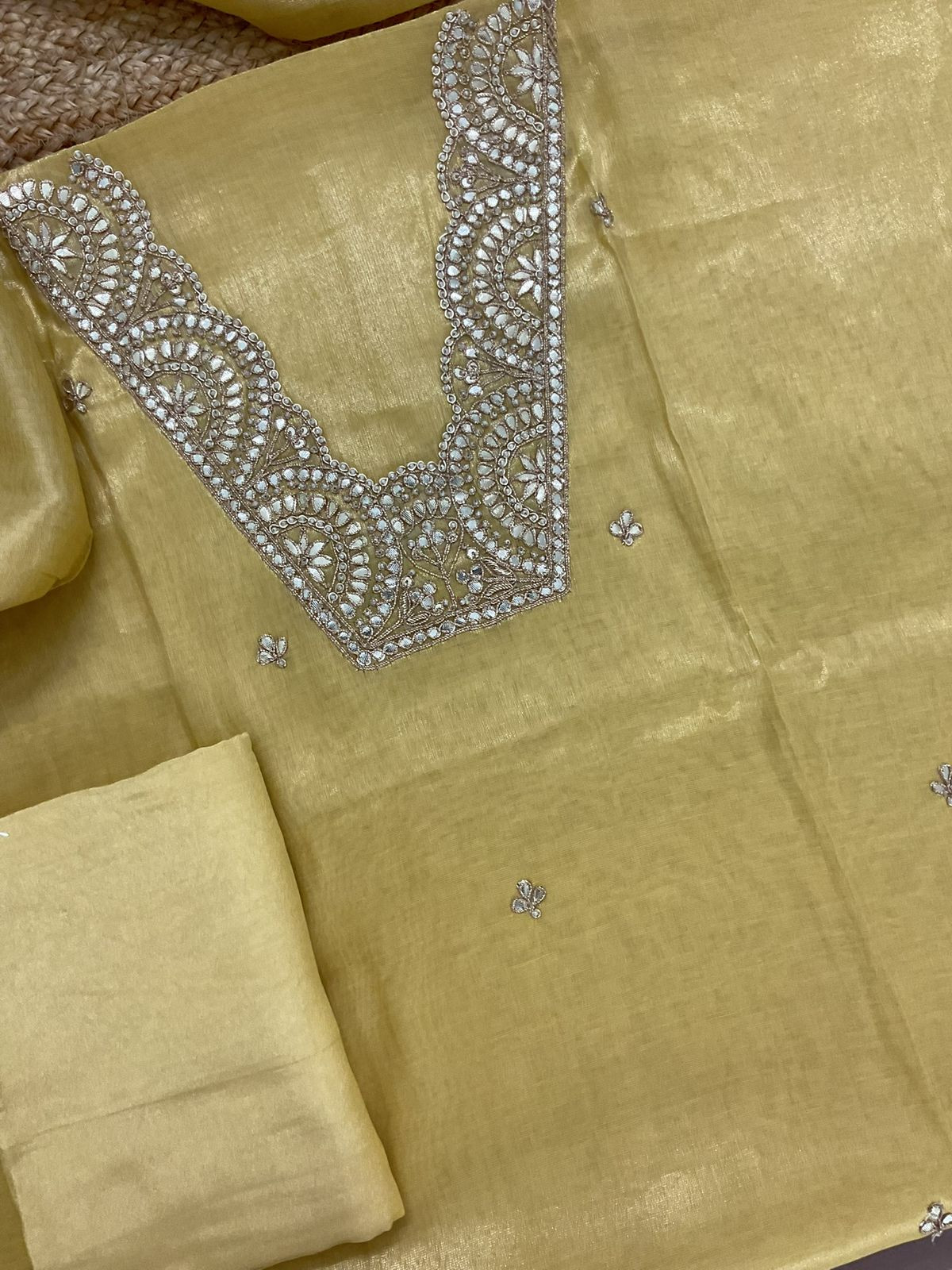 Pure Tissue Chanderi Embroidered Suit - Yellow