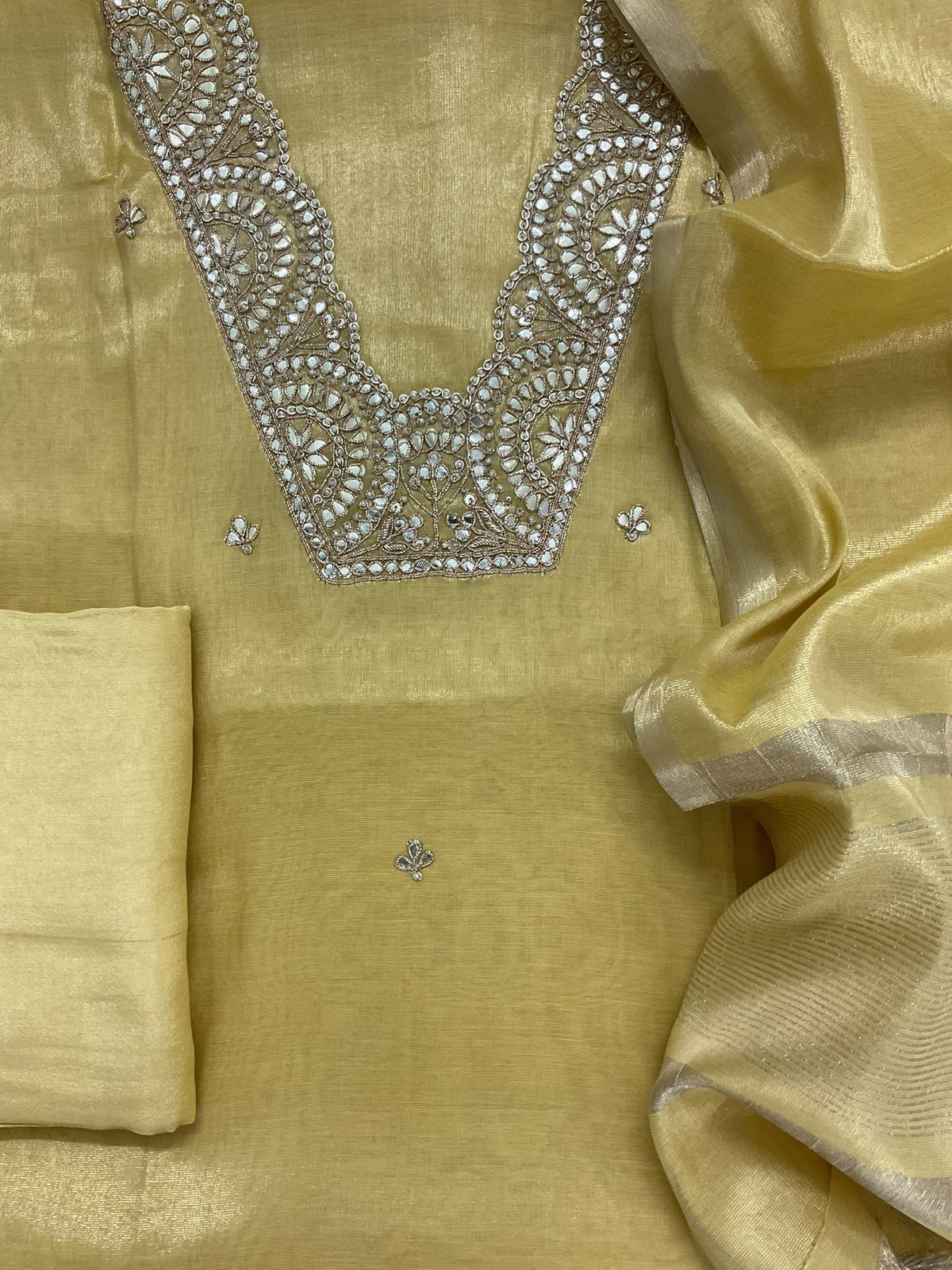 Pure Tissue Chanderi Embroidered Suit - Yellow