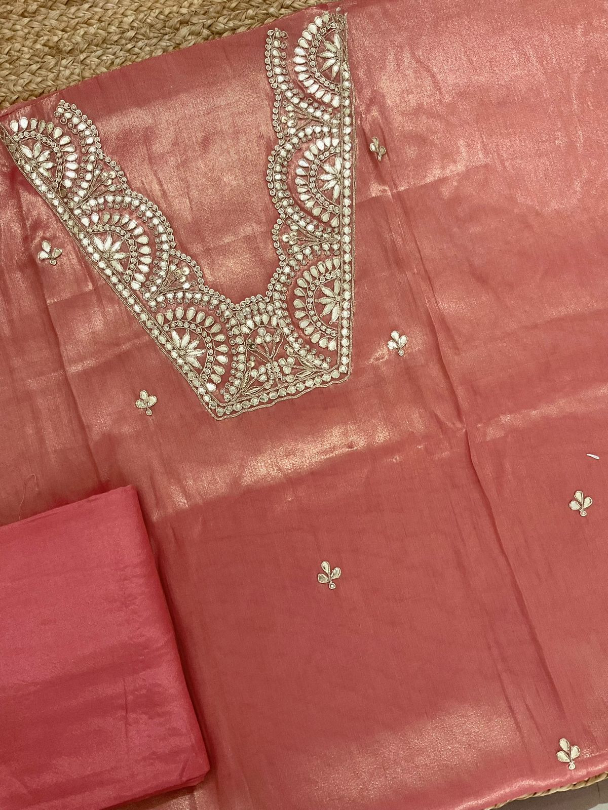 Pure Tissue Chanderi Embroidered Suit - Peach