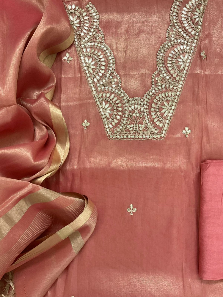 Image of Pure Tissue Chanderi Embroidered Suit - Peach