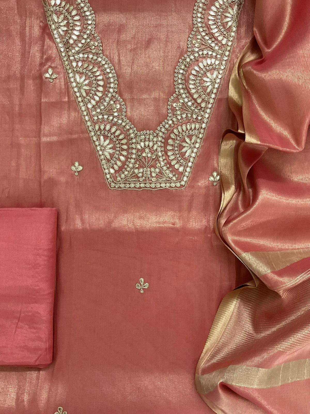 Pure Tissue Chanderi Embroidered Suit - Peach