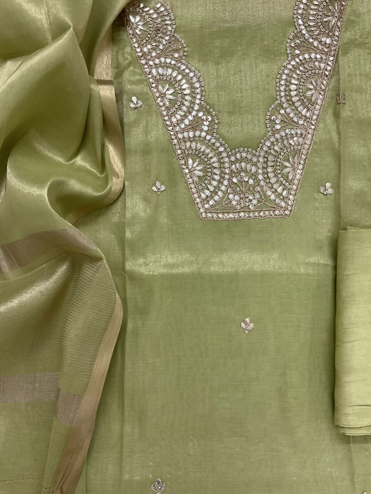 Pure Tissue Chanderi Embroidered Suit - Green