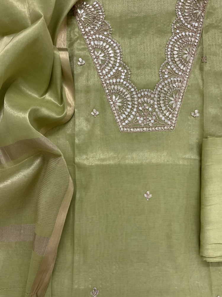 Image of Pure Tissue Chanderi Embroidered Suit - Green